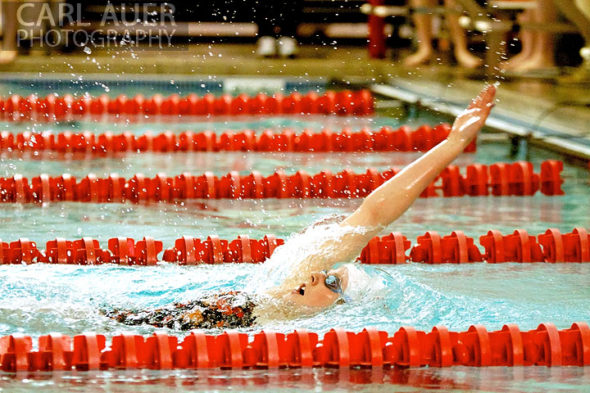 January 8th, 2013: Regis Jesuit High School swimmer and Olympic Gold medalist Missy Franklin doing a back stroke in one of her 4 heats during the dual meet between Regis Jesuit and Highlands Ranch on Tuesday evening in Aurora, Colorado