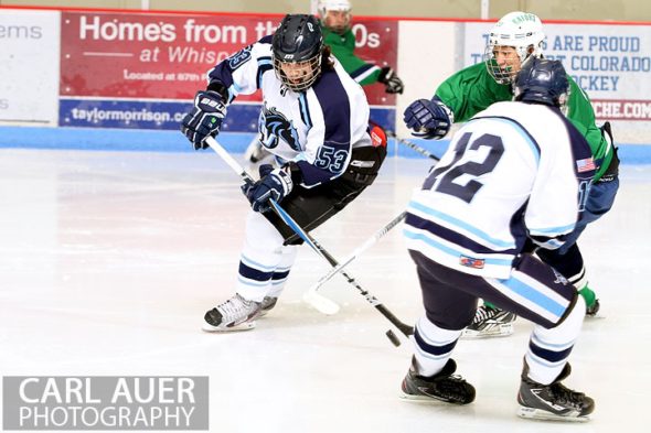 February 6th, 2013: Ralston Valley Mustang forward Darius Maes (53) makes a move with the puck against Standley Lake in their game at the Apex Ice Arena in Arvada, Colorado