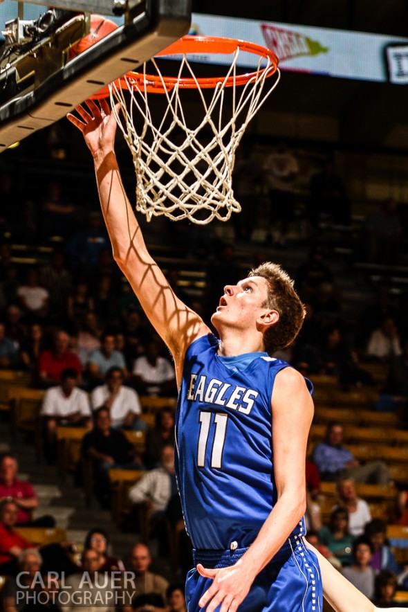 March 15th 2013:  Broomfield Eagles senior guard/forward Spenser Reeb (11) attempts a lay up in the game against the Valor Christian Eagles in the first game of the CHSAA 4A Final Four game at the Coors Events Center in Boulder, Colorado