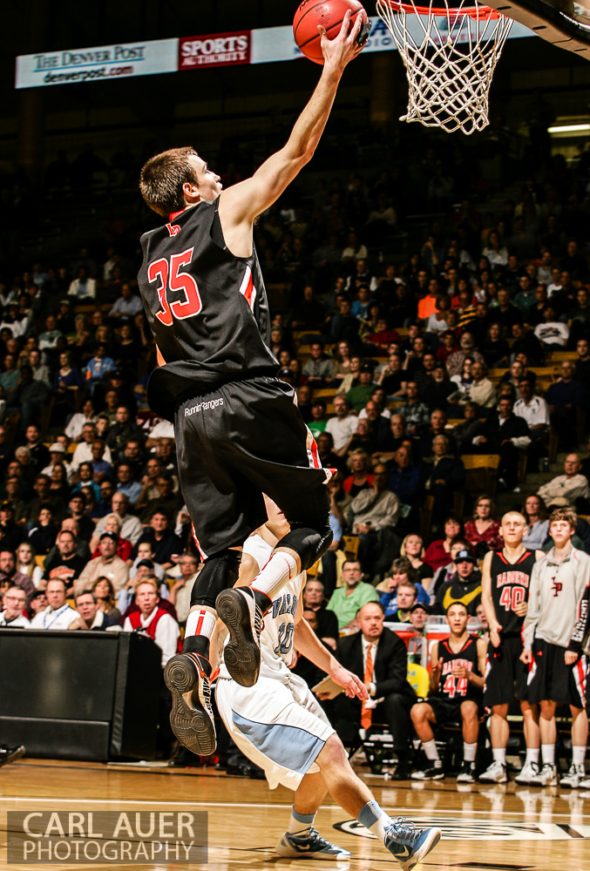 March 16th, 2013: Lewis-Palmer Rangers senior guard Tyler Owens (35) glides to the hoop for a shot attempt in the CHSAA 4A State Championship game against the Valor Christian Eagles at the Coors Events Center in Boulder, Colorado