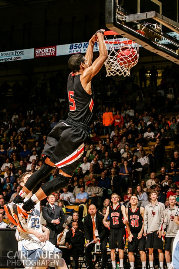 March 16th, 2013: Lewis-Palmer Rangers senior guard/forward Jordan Scott (5) sends the ball through the hoop with a thundering two handed dunk in the CHSAA 4A State Championship game against the Valor Christian Eagles at the Coors Events Center in Boulder, Colorado