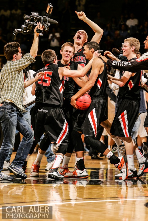 March 16th, 2013: The Lewis-Palmer Rangers celebrate winning the CHSAA 4A State Championship game against the Valor Christian Eagles at the Coors Events Center in Boulder, Colorado