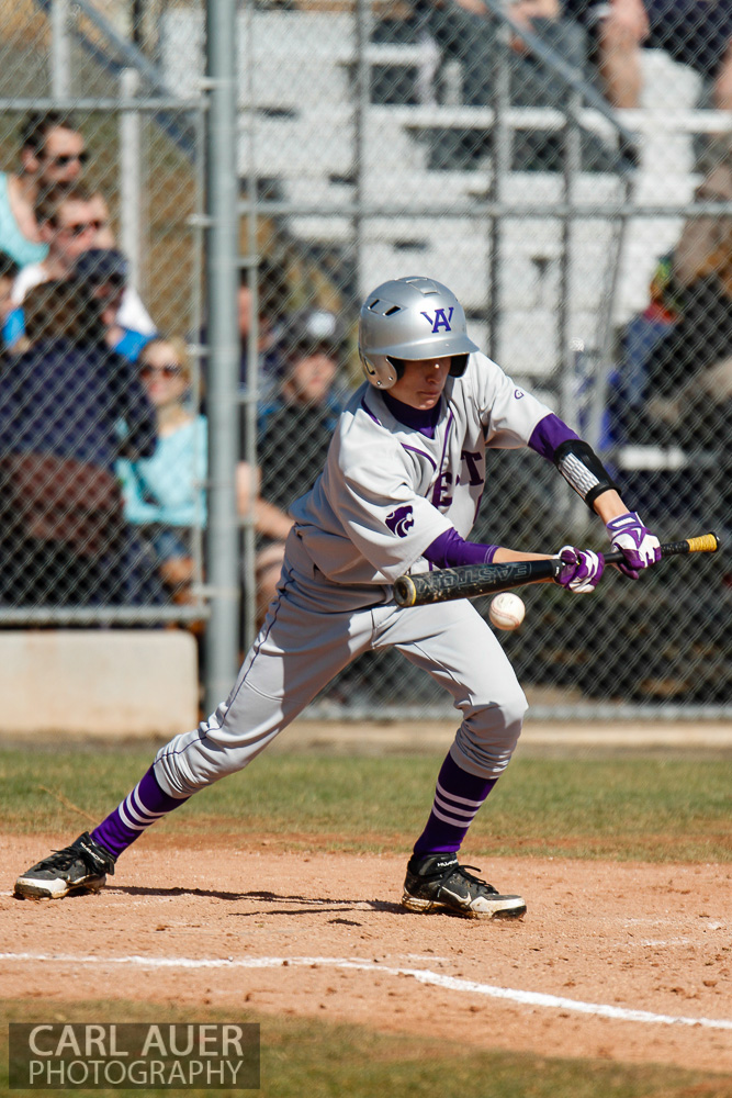 April 24th, 2013: A Arvada West player lays down a bunt in the Wildcats game against the Ralston Valley Mustangs at Ralston Valley High School in Arvada, Colorado