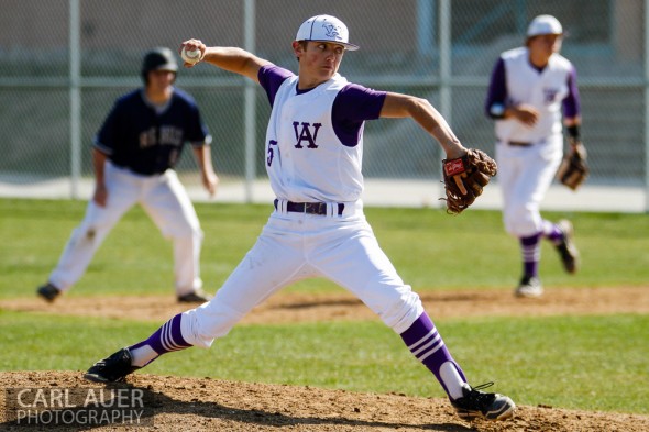 April 26th, 2013: Arvada West Wildcat pitcher Justin Mulvaney (5) delivers a pitch in the game against the Columbine Rebels at Arvada West High School in Arvada, Colorado