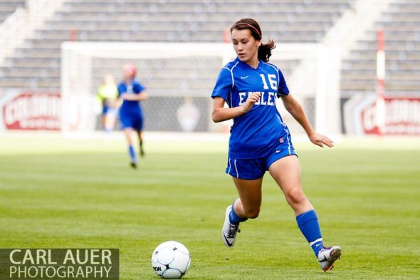 May 22, 2013 - A Broomfield Eagles player brings the ball down the field in the CHSAA 4A Girls Soccer Championship Game against the Cheyenne Mountain Indians at Dick's Sporting Goods Park in Commerce City, Colorado