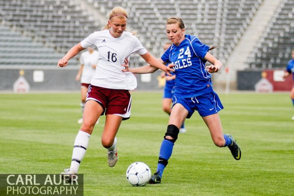 May 22, 2013 - A Broomfield Eagles player attempts to dribble the ball past Cheyenne Mountain Indians junior defender Savannah Boarman (16) in the CHSAA 4A Girls Soccer Championship Game at Dick's Sporting Goods Park in Commerce City, Colorado