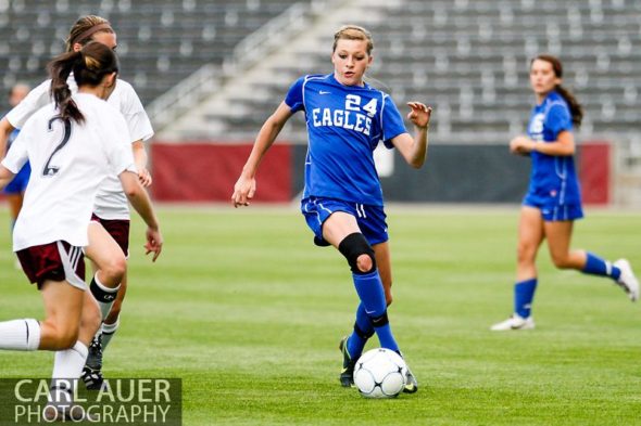 May 22, 2013 - A Broomfield Eagles player is cut off by two Cheyenne Mountain Indians in the CHSAA 4A Girls Soccer Championship Game at Dick's Sporting Goods Park in Commerce City, Colorado