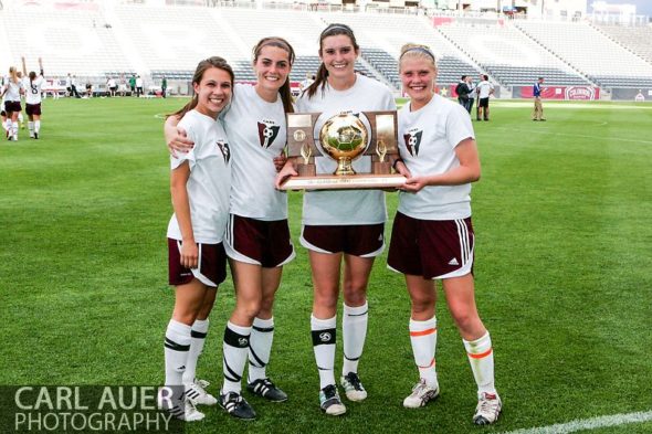 May 22, 2013 - The Cheyenne Mountain Indians seniors pose with the CHSAA 4A Girls Soccer State Championship trophy after they defeated the Broomfield Eagles 2-0 at Dick's Sporting Goods Park in Commerce City, Colorado