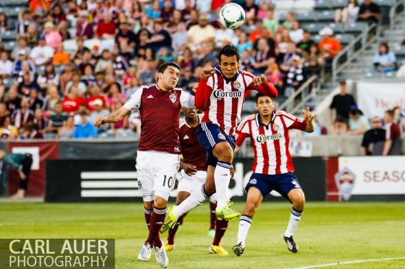 May 25th, 2013 - Chivas USA defender Mario de Luna (3) heads the ball away from his goal to thwart a Colorado scoring attempt in the first half of the MLS match between Chivas USA and the Colorado Rapids at Dick's Sporting Goods Park in Commerce City, CO