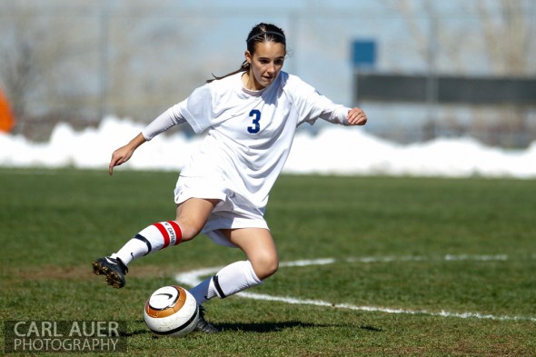 May 2nd, 2013: Ralston Valley Mustang junior defender Shae Sellers (3) handles the ball in the game against the D'Evelyn Jaguars at the North Area Athletic Complex in Arvada, Colorado