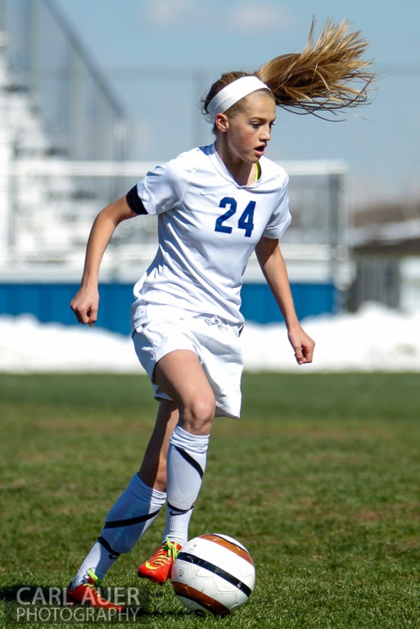 May 2nd, 2013: Ralston Valley Mustang freshman midfielder Alyssa Kaiser (24) controls the ball in the game against the D'Evelyn Jaguars at the North Area Athletic Complex in Arvada, Colorado