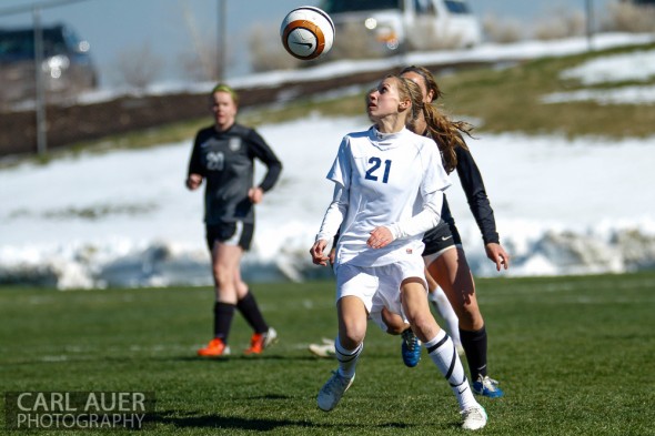 May 2nd, 2013: Ralston Valley Mustang sophomore midfielder Nicholle Knopp (21) watches as the ball comes down in front of her in the game against the D'Evelyn Jaguars at the North Area Athletic Complex in Arvada, Colorado