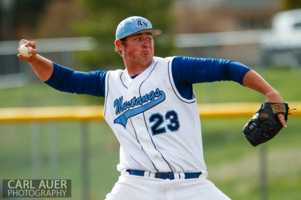 April 30th, 2013: Ralston Valley Mustangs 6'-10" senior pitcher Daniel Skipper (23) delivers a pitch in the game against the Columbine Rebels at Ralston Valley High School