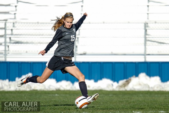 May 2nd, 2013: D'Evelyn Jaguars junior Emily Garnier (15) takes a free kick in the game against the Ralston Valley Mustangs at the North Area Athletic Complex in Arvada, Colorado