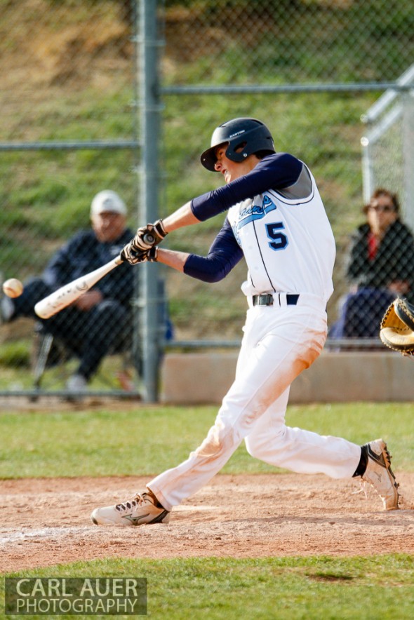 April 30th, 2013: Ralston Valley Mustangs junior Jacob Knipp (5) connects with the ball in the game against the Columbine Rebels at Ralston Valley High School