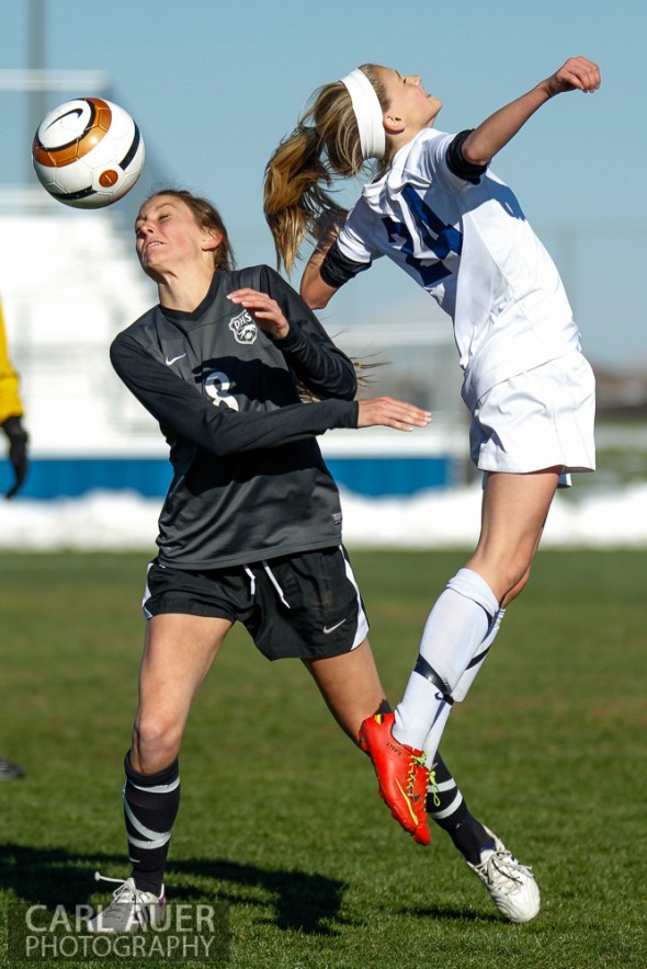 May 2nd, 2013: Ralston Valley Mustang freshman midfielder Alyssa Kaiser (24) and D'Evelyn Jaguars senior Olivia Hoffman (8) go after the ball in the game against the D'Evelyn Jaguars at the North Area Athletic Complex in Arvada, Colorado