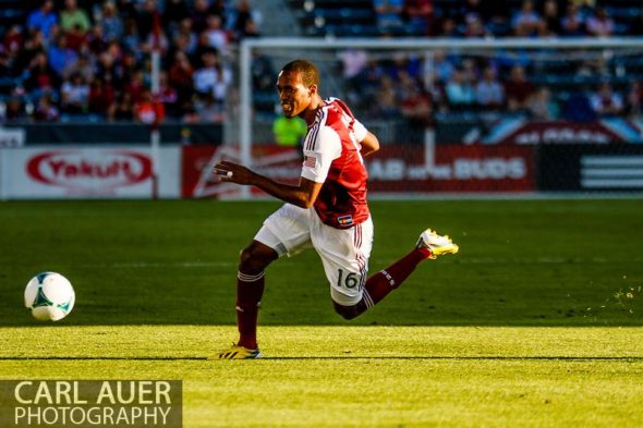 June 1st, 2013 - Colorado Rapids midfielder Atiba Harris (16) chases after a pass in the first half of action in the MLS match between FC Dallas and the Colorado Rapids at Dick's Sporting Goods Park in Commerce City, CO