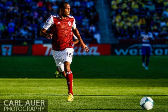 June 1st, 2013 - Colorado Rapids midfielder Atiba Harris (16) brings the ball up the field in the first half of action in the MLS match between FC Dallas and the Colorado Rapids at Dick's Sporting Goods Park in Commerce City, CO