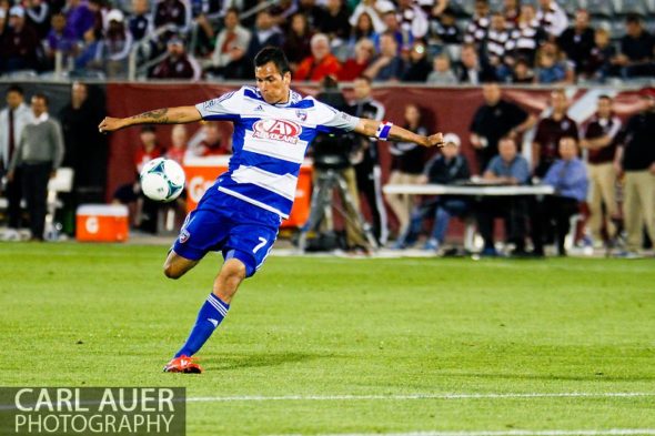 June 1st, 2013 - FC Dallas forward Blas Pérez (7) ties the game at 2-2 with this shot in the second half of action in the MLS match between FC Dallas and the Colorado Rapids at Dick's Sporting Goods Park in Commerce City, CO