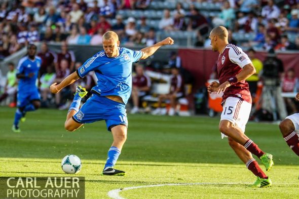 June 15th, 2013 - San Jose Earthquake forward Steven Lenhart (16) winds-up for a shot past Colorado Rapids defender Chris Klute (15) resulting in the games first goal in the first half of the MLS match between San Jose Earthquake and the Colorado Rapids at Dick's Sporting Goods Park in Commerce City, CO