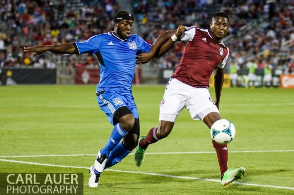 June 15th, 2013 - Colorado Rapids forward Edson Buddle (9) and San Jose Earthquake defender Nana Attakora (23) fight for control of the ball in the second half of the MLS match between San Jose Earthquake and the Colorado Rapids at Dick's Sporting Goods Park in Commerce City, CO