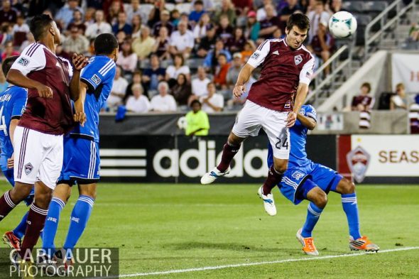 June 15th, 2013 - Colorado Rapids midfielder Nathan Sturgis (24) heads a pass into the net for a goal in the second half of the MLS match between San Jose Earthquake and the Colorado Rapids at Dick's Sporting Goods Park in Commerce City, CO