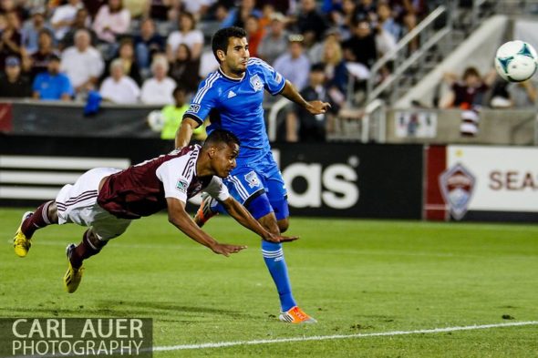 June 15th, 2013 - Colorado Rapids midfielder Jaime Castrillon (23) makes a diving header attempt in the second half of action in the MLS match between San Jose Earthquake and the Colorado Rapids at Dick's Sporting Goods Park in Commerce City, CO