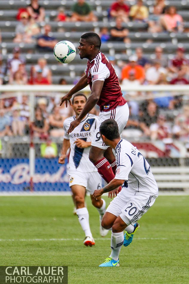 July 27th, 2013 - Colorado Rapids forward Edson Buddle (9) takes the ball to his face as he rises above the LA Galaxy players in the first half of the Major League Soccer match between the LA Galaxy and the Colorado Rapids at Dick's Sporting Goods Park in Commerce City, CO