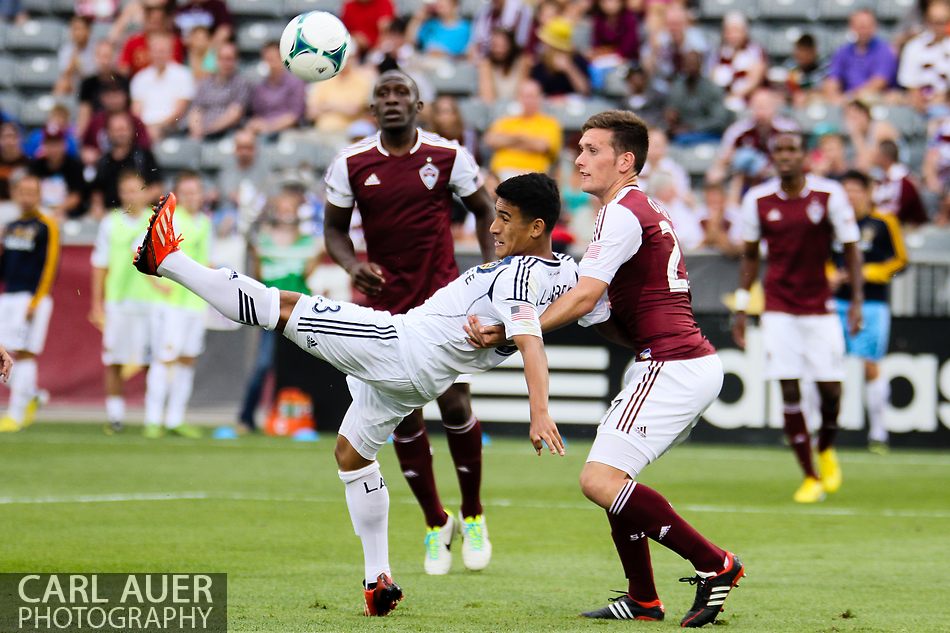 July 27th, 2013 - Colorado Rapids midfielder Shane O'Neill (27) prevents a bicycle attempt by LA Galaxy forward Jose Villarreal (33) in the second half of action in the Major League Soccer match between the LA Galaxy and the Colorado Rapids at Dick's Sporting Goods Park in Commerce City, CO