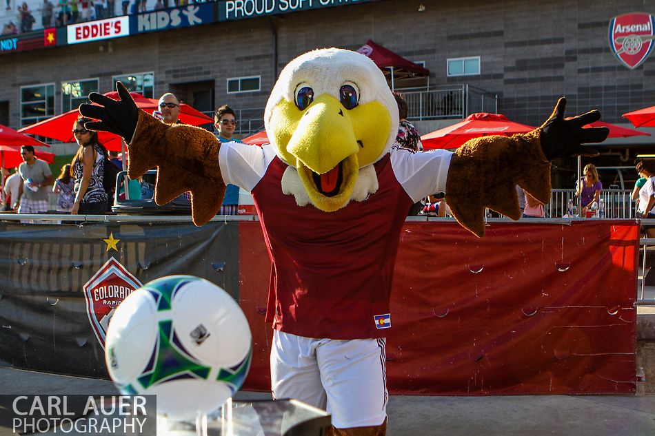 July 17th, 2013 - Colorado Rapids mascot Edson the Eagle paces the game ball on the pedestal where the officials will pick it up as they enter the field for the Major League Soccer match between the New England Revolution and the Colorado Rapids at Dick's Sporting Goods Park in Commerce City, CO