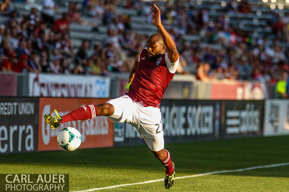 July 17th, 2013 - Colorado Rapids defender Marvell Wynne (22) stretches to reach the ball before it goes out of bounds in the first half of action in the Major League Soccer match between the New England Revolution and the Colorado Rapids at Dick's Sporting Goods Park in Commerce City, CO