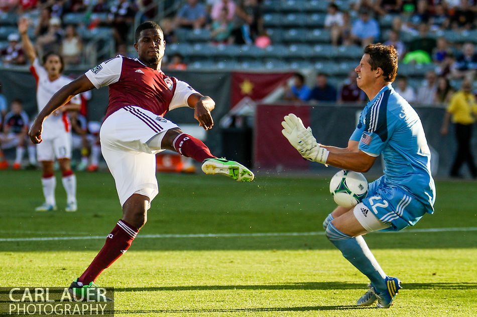 July 17th, 2013 - New England Revolution goalkeeper Bobby Shuttleworth (22) stops a point blank shot from Colorado Rapids forward Edson Buddle (9) in the second half of action in the Major League Soccer match between the New England Revolution and the Colorado Rapids at Dick's Sporting Goods Park in Commerce City, CO