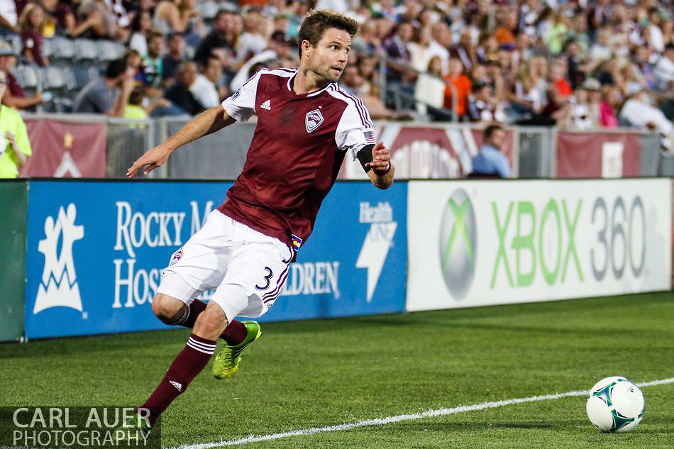 July 17th, 2013 - Colorado Rapids defender Drew Moor (3) collects the ball before it goes out of bound in the second half of the Major League Soccer match between the New England Revolution and the Colorado Rapids at Dick's Sporting Goods Park in Commerce City, CO