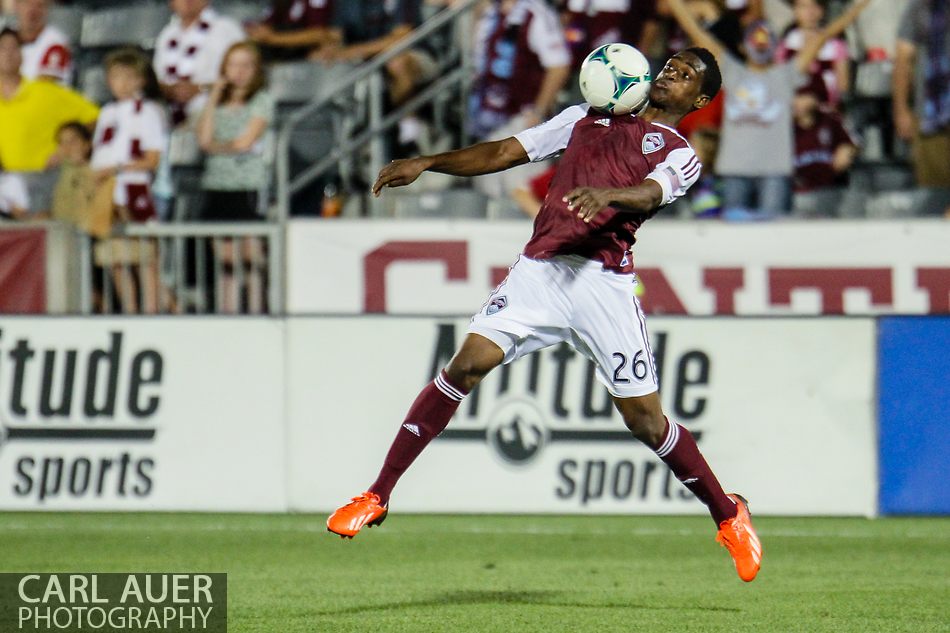 August 17th, 2013 - Colorado Rapids forward Deshorn Brown (26) elevates to collect a pass in the second half of the Major League Soccer match between the Vancouver Whitecaps FC and the Colorado Rapids at Dick's Sporting Goods Park in Commerce City, CO